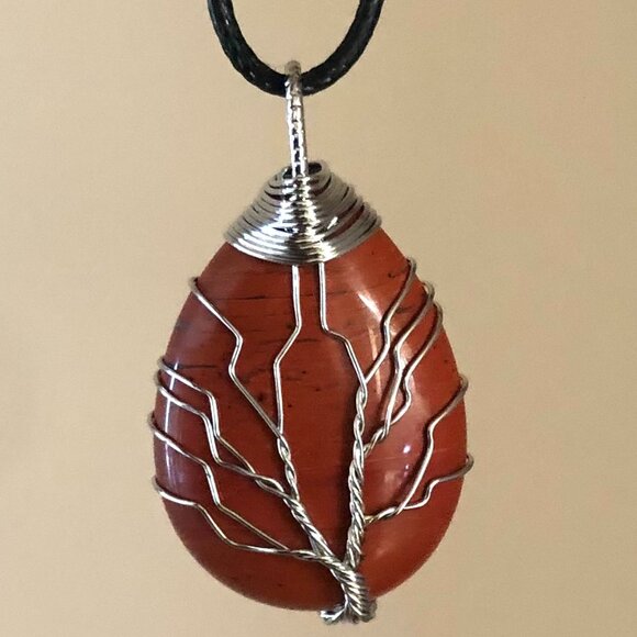 Red Jasper Natural Gemstone Tree Of Life Wire Wrap Pendant Necklace - Picture 1 of 2